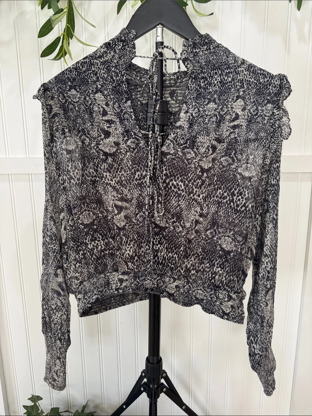 #595 FREE PEOPLE Roma Sheer Smocked-Neck Animal Print Blouse - Black & White